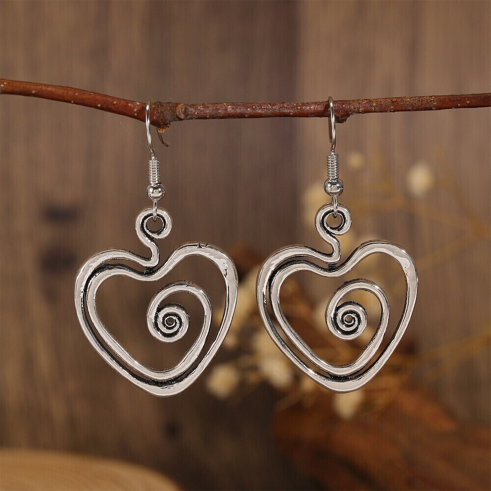 Silver Tone Spiral Swirl Heart Dangle Drop Earrings Pierced Hook Lightweight